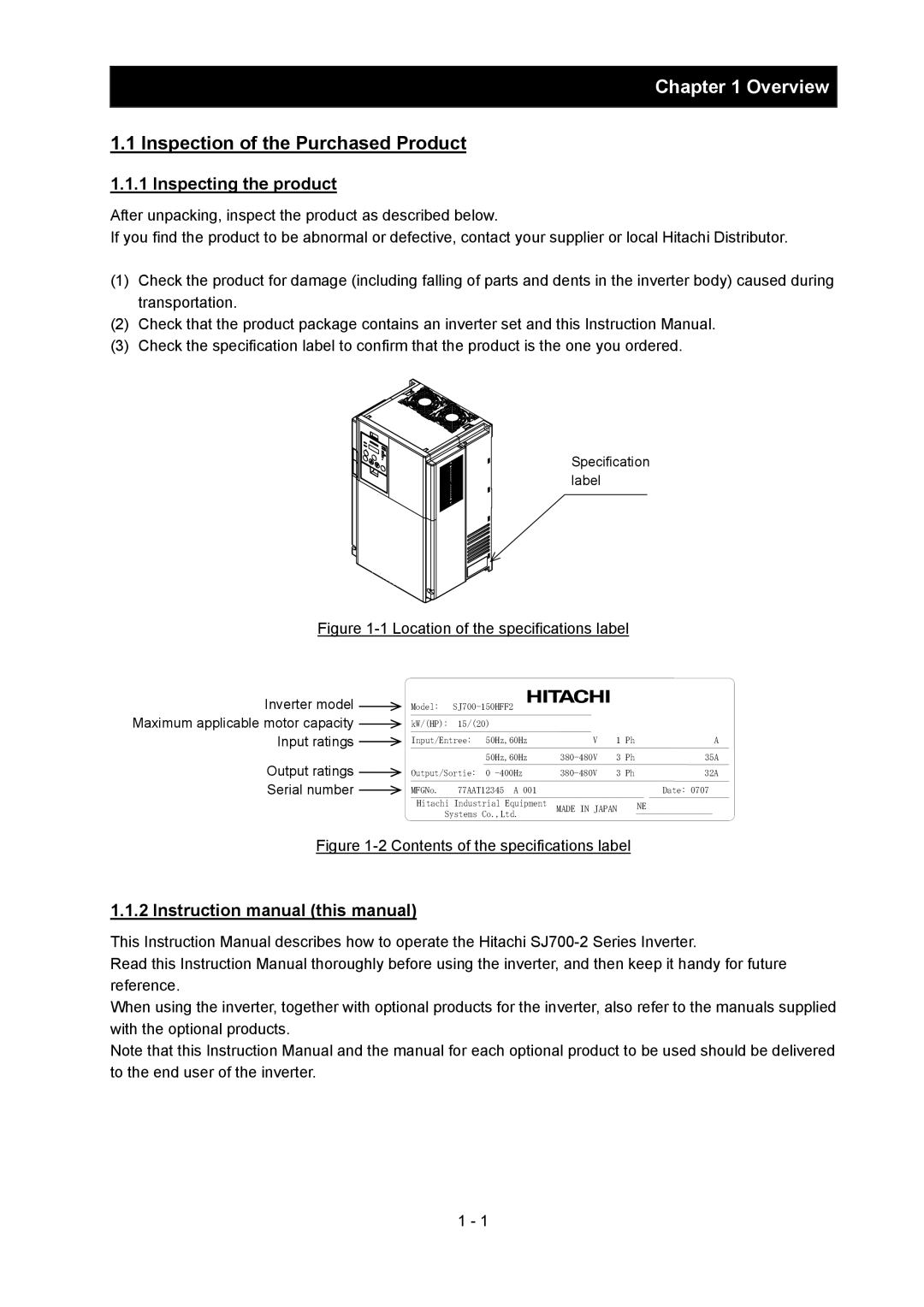 Hitachi SJ700-2 instruction manual Inspection of the Purchased Product, Inspecting the product, Specification label 