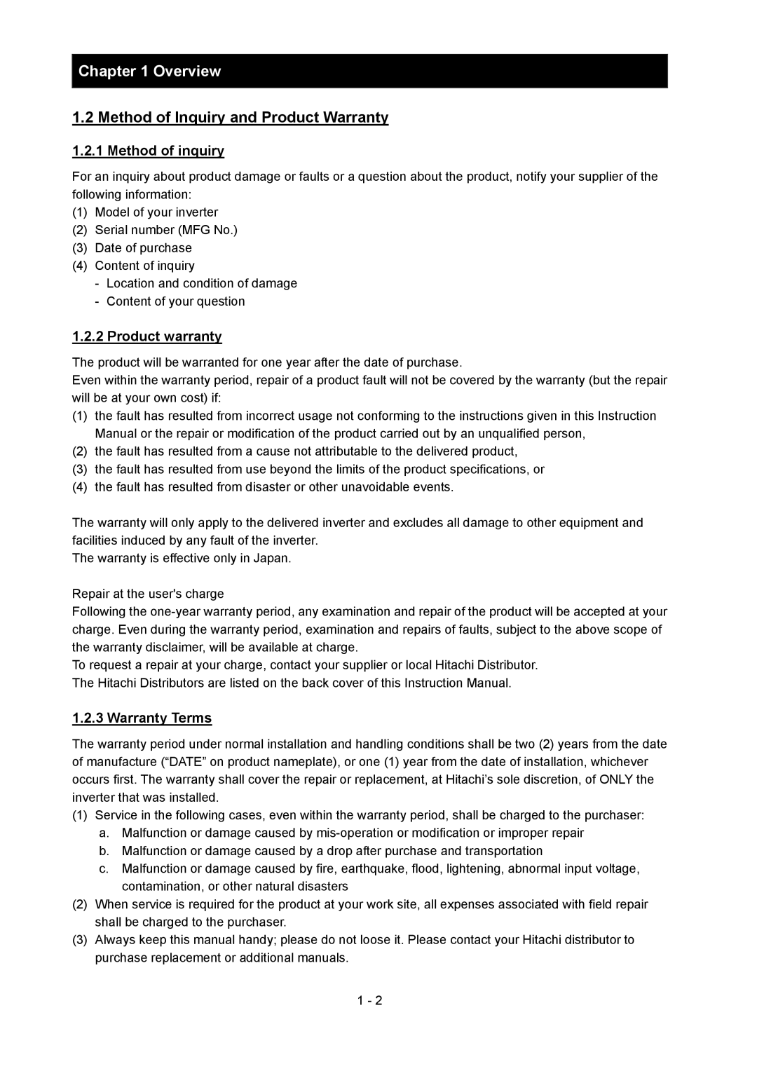 Hitachi SJ700-2 Method of Inquiry and Product Warranty, Method of inquiry, Product warranty, Warranty Terms 