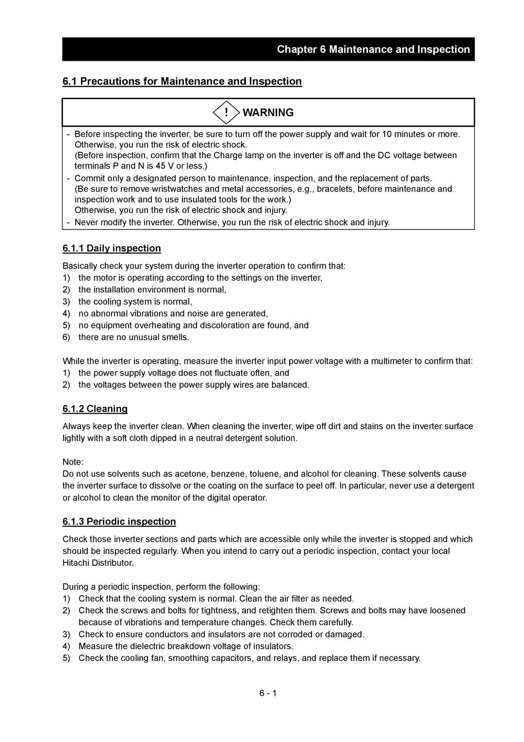 Hitachi SJ700-2 Precautions for Maintenance and Inspection, Daily inspection, Cleaning, Periodic inspection 