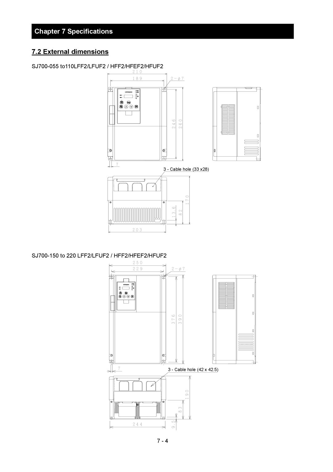 Hitachi SJ700-2 instruction manual External dimensions, SJ700-055 to110LFF2/LFUF2 / HFF2/HFEF2/HFUF2 