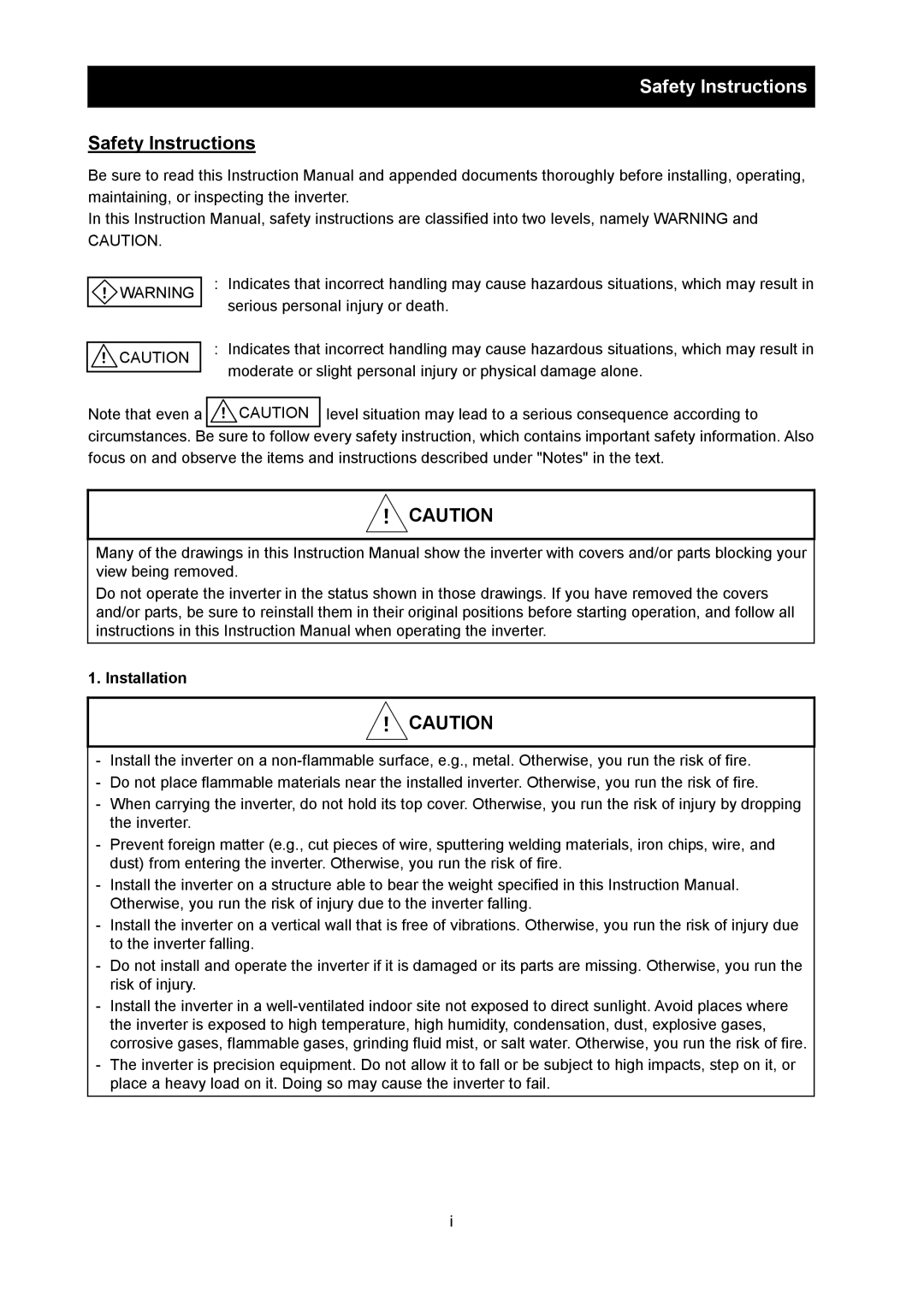 Hitachi SJ700-2 instruction manual Safety Instructions, Installation 