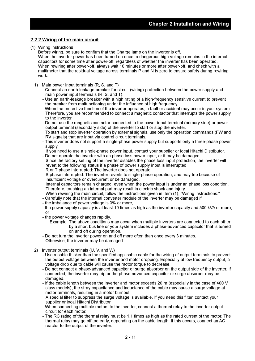 Hitachi SJ700-2 instruction manual Wiring of the main circuit 