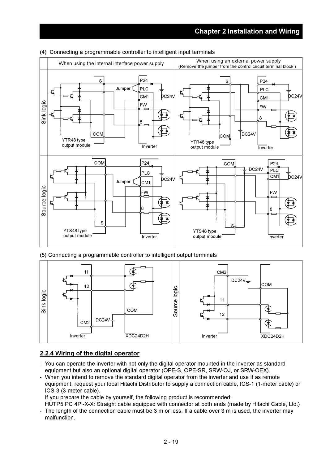 Hitachi SJ700-2 instruction manual Sink logic, Source logic, When using the internal interface power supply 