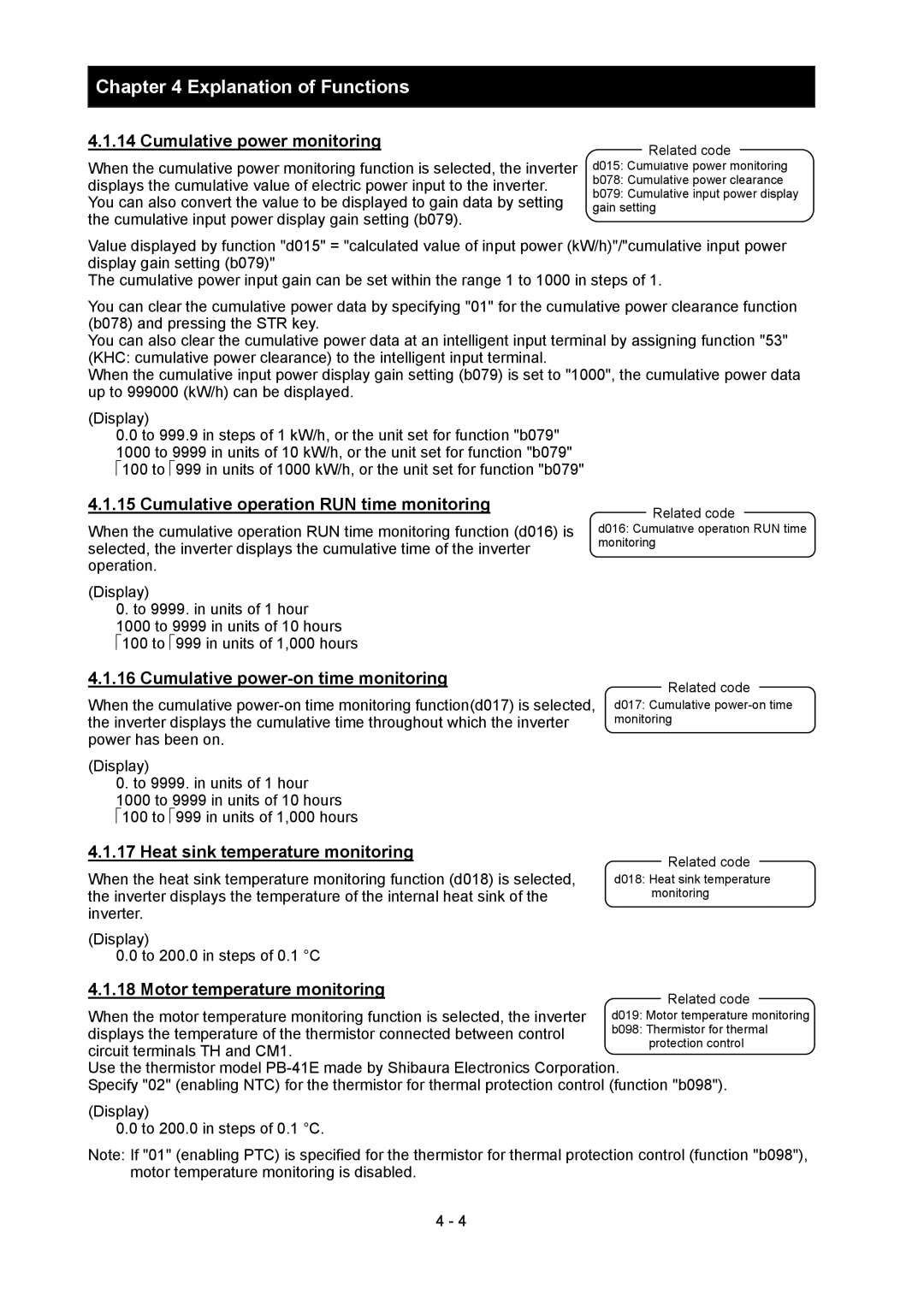 Hitachi SJ700-2 Cumulative power monitoring, Cumulative operation RUN time monitoring, Cumulative power-on time monitoring 