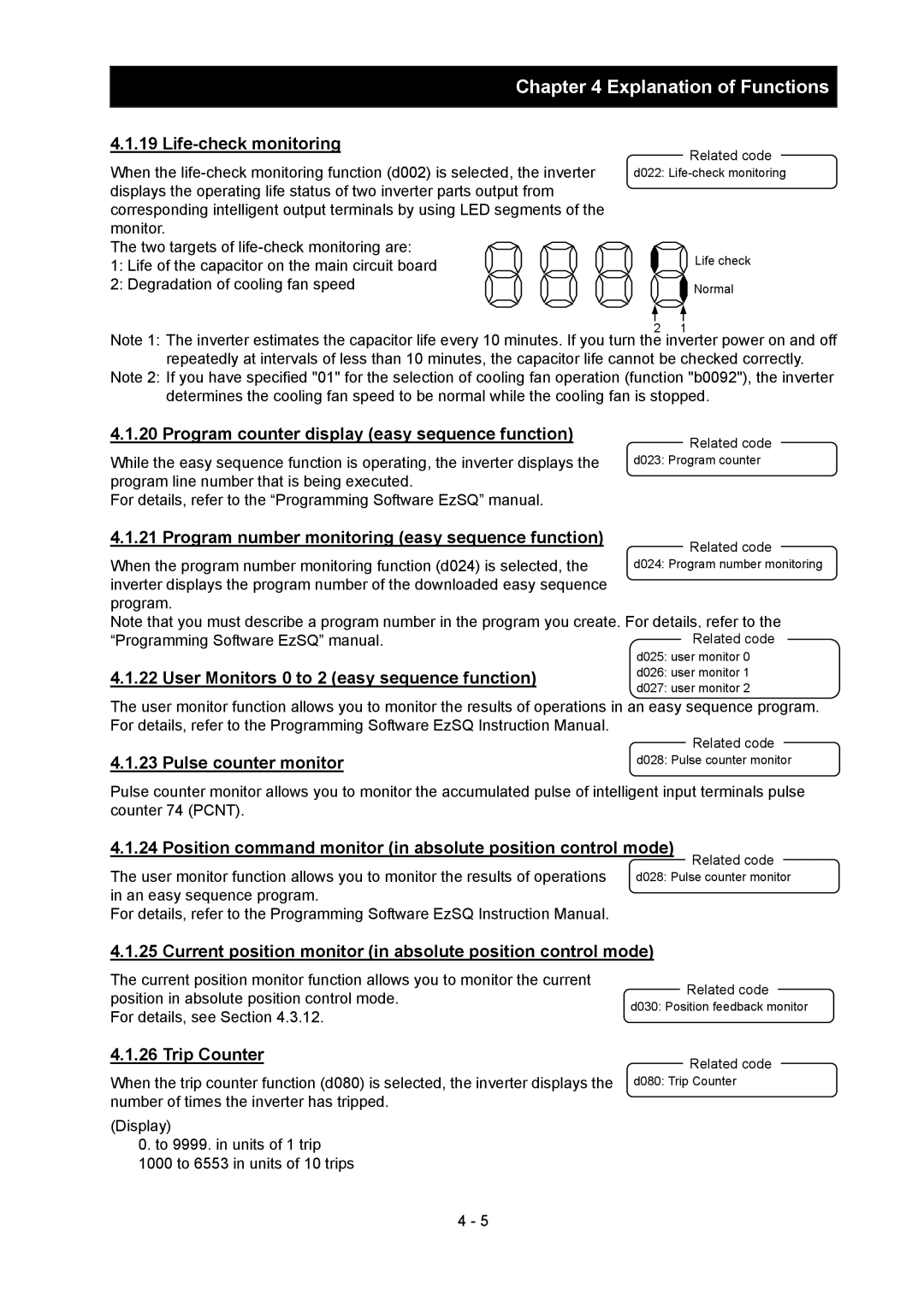 Hitachi SJ700-2 Life-check monitoring, Program counter display easy sequence function, Pulse counter monitor, Trip Counter 