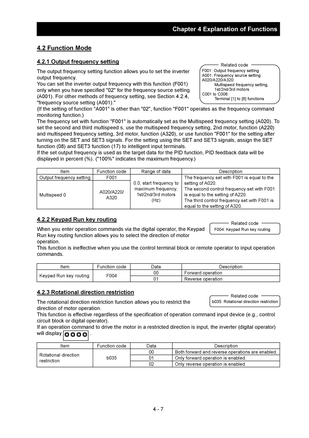 Hitachi SJ700-2 Function Mode, Output frequency setting, Keypad Run key routing, Rotational direction restriction 