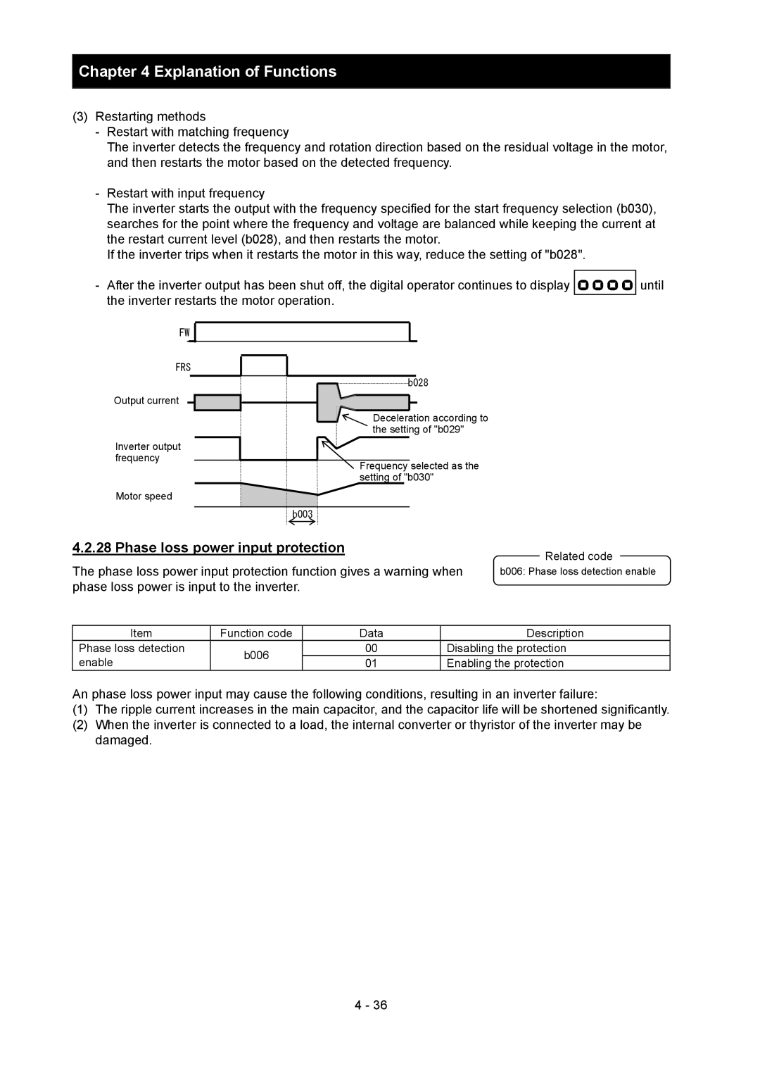 Hitachi SJ700-2 instruction manual Phase loss power input protection, Function code Data Description Phase loss detection 