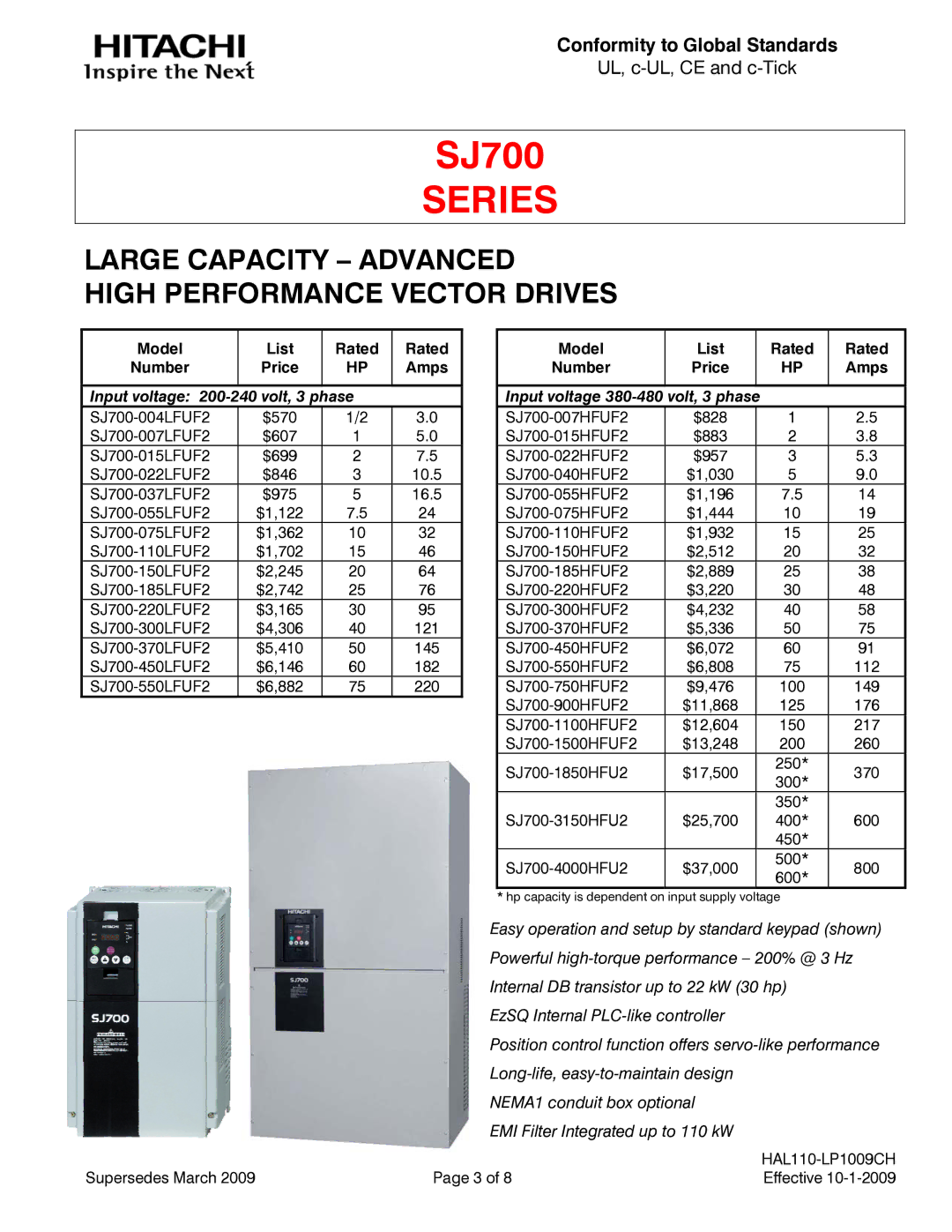 Hitachi sj200, SJ700 manual Large Capacity Advanced High Performance Vector Drives, Input voltage 200-240 volt, 3 phase 