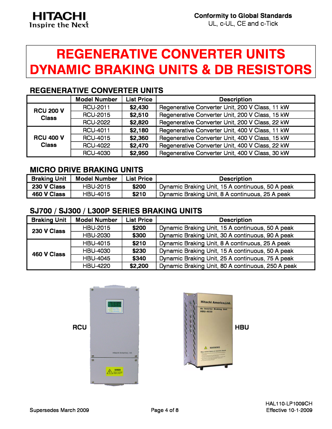 Hitachi SJ700, sj200 manual Regenerative Converter Units Dynamic Braking Units & Db Resistors, Micro Drive Braking Units 