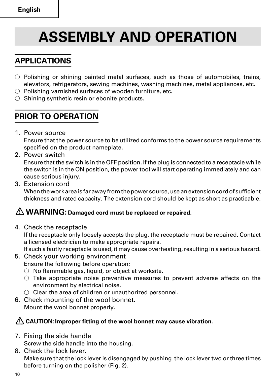 Hitachi SP 18SA instruction manual Assembly and Operation, Applications, Prior to Operation 