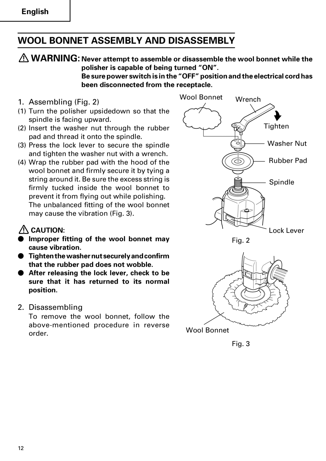 Hitachi SP 18SA instruction manual Wool Bonnet Assembly and Disassembly, Assembling Fig, Disassembling 