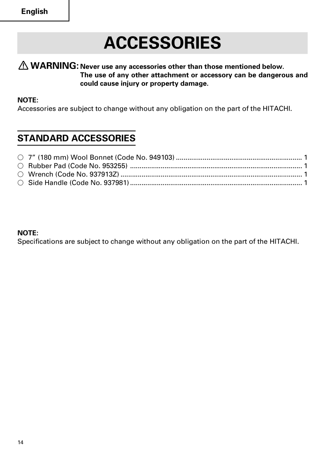 Hitachi SP 18SA instruction manual Standard Accessories 