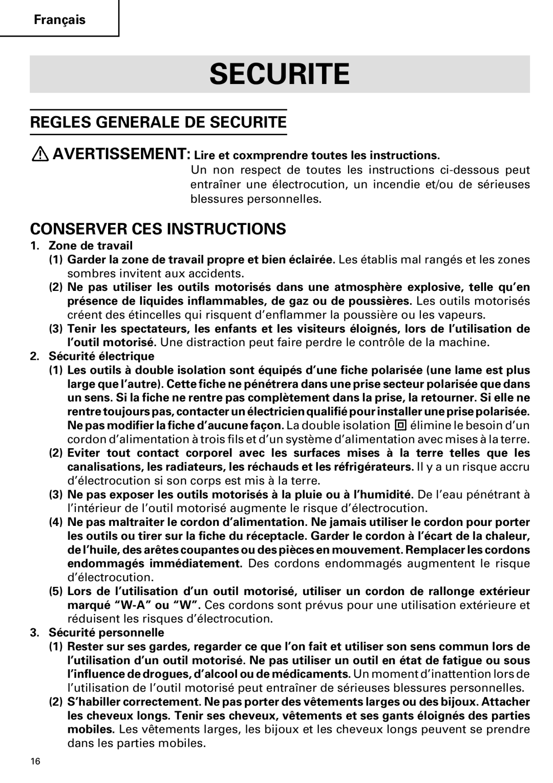 Hitachi SP 18SA instruction manual Regles Generale DE Securite, Conserver CES Instructions 