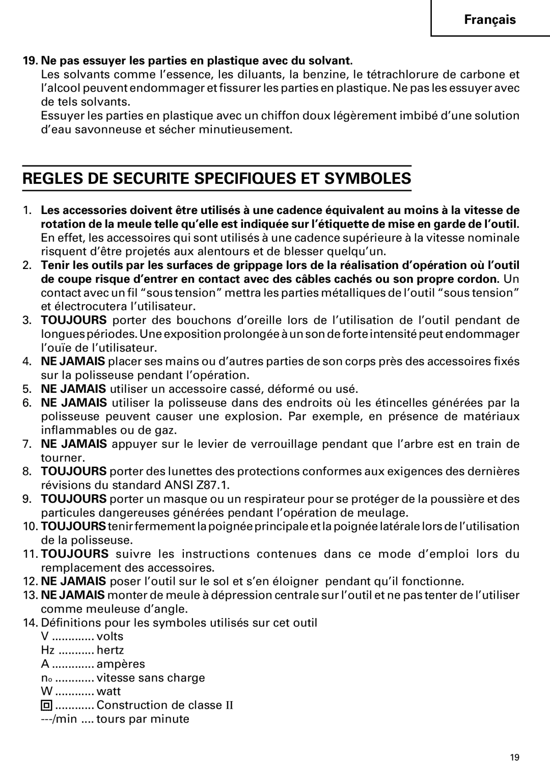 Hitachi SP 18SA Regles DE Securite Specifiques ET Symboles, Ne pas essuyer les parties en plastique avec du solvant 