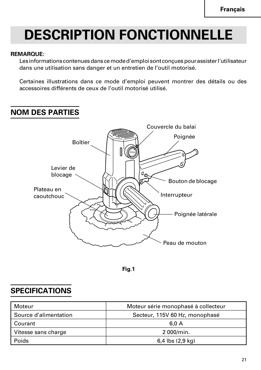 Hitachi SP 18SA instruction manual Description Fonctionnelle, NOM DES Parties 