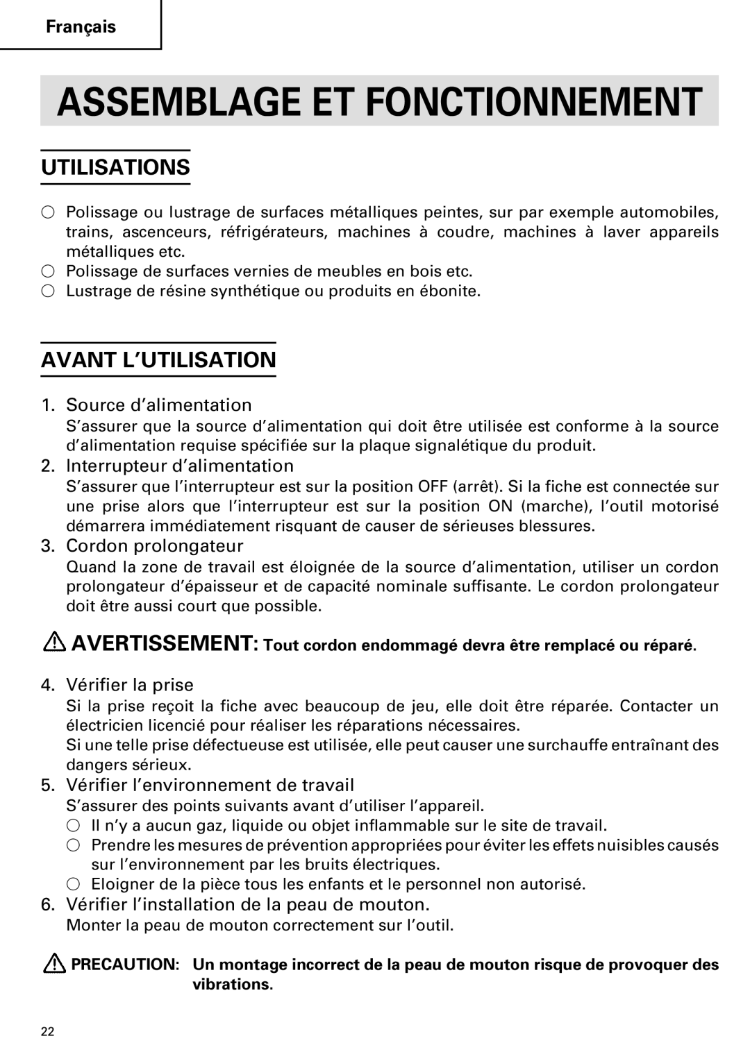 Hitachi SP 18SA instruction manual Utilisations, Avant L’UTILISATION 