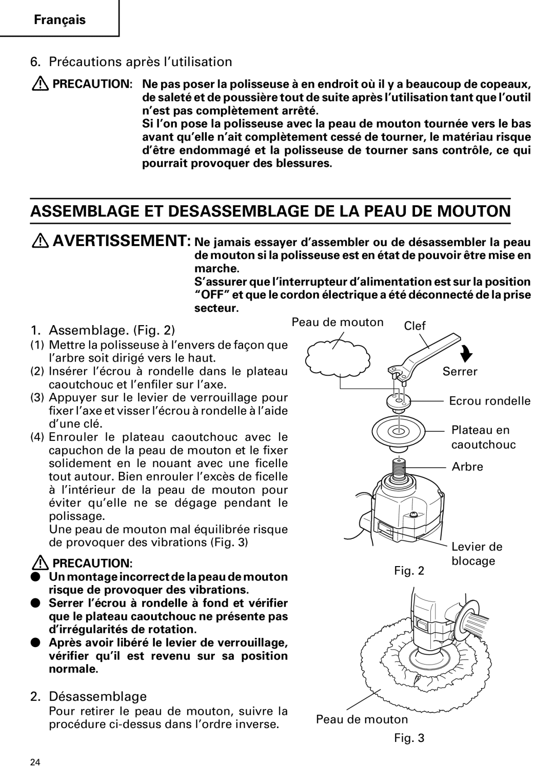 Hitachi SP 18SA Assemblage ET Desassemblage DE LA Peau DE Mouton, Précautions après l’utilisation, Assemblage. Fig 