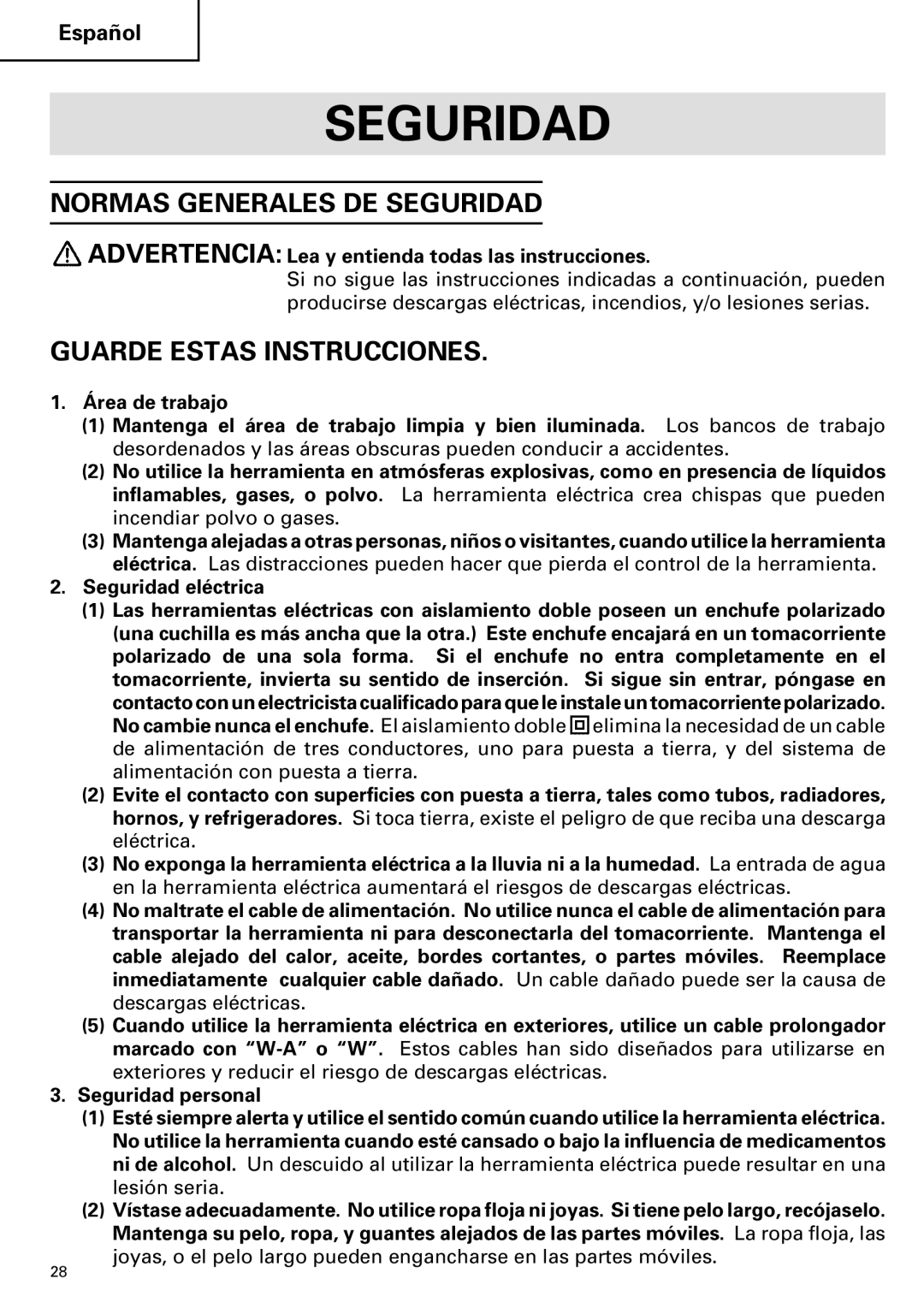 Hitachi SP 18SA instruction manual Normas Generales DE Seguridad, Guarde Estas Instrucciones, Seguridad eléctrica 