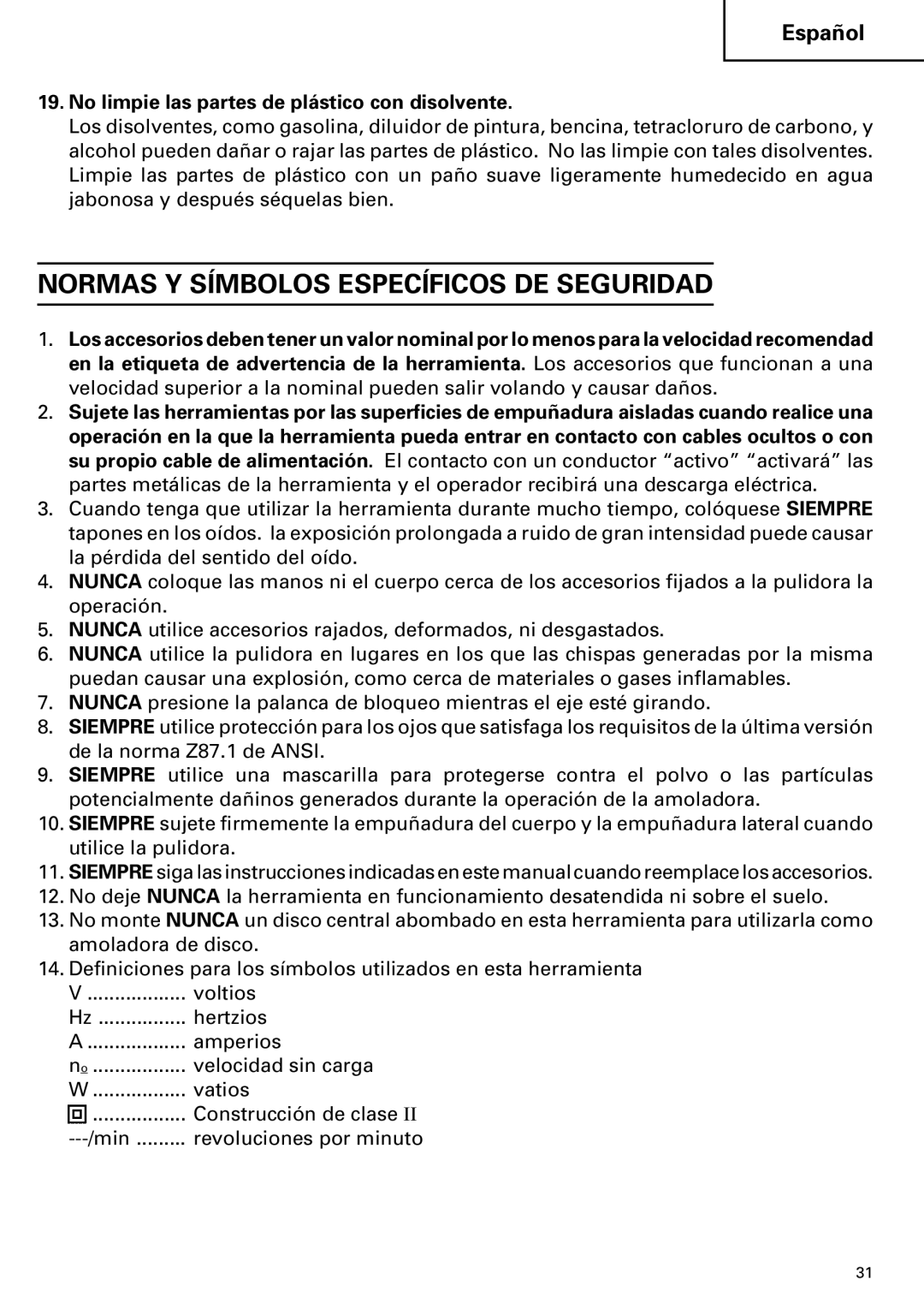 Hitachi SP 18SA Normas Y Símbolos Específicos DE Seguridad, No limpie las partes de plástico con disolvente 