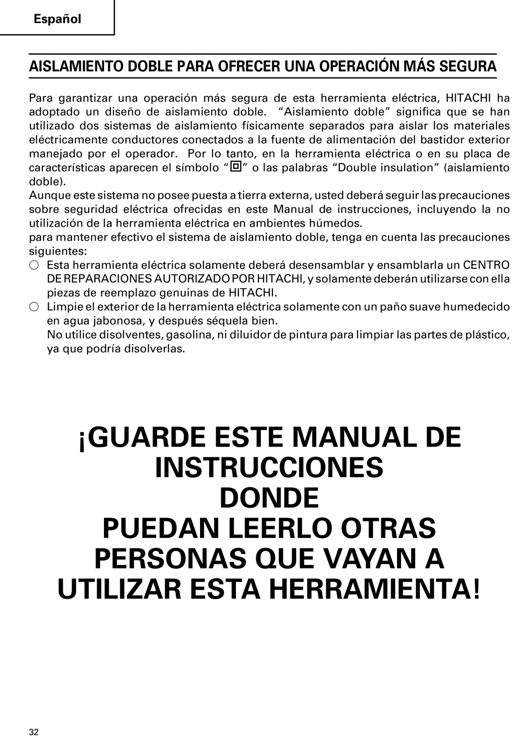 Hitachi SP 18SA instruction manual Aislamiento Doble Para Ofrecer UNA Operación MÁS Segura 