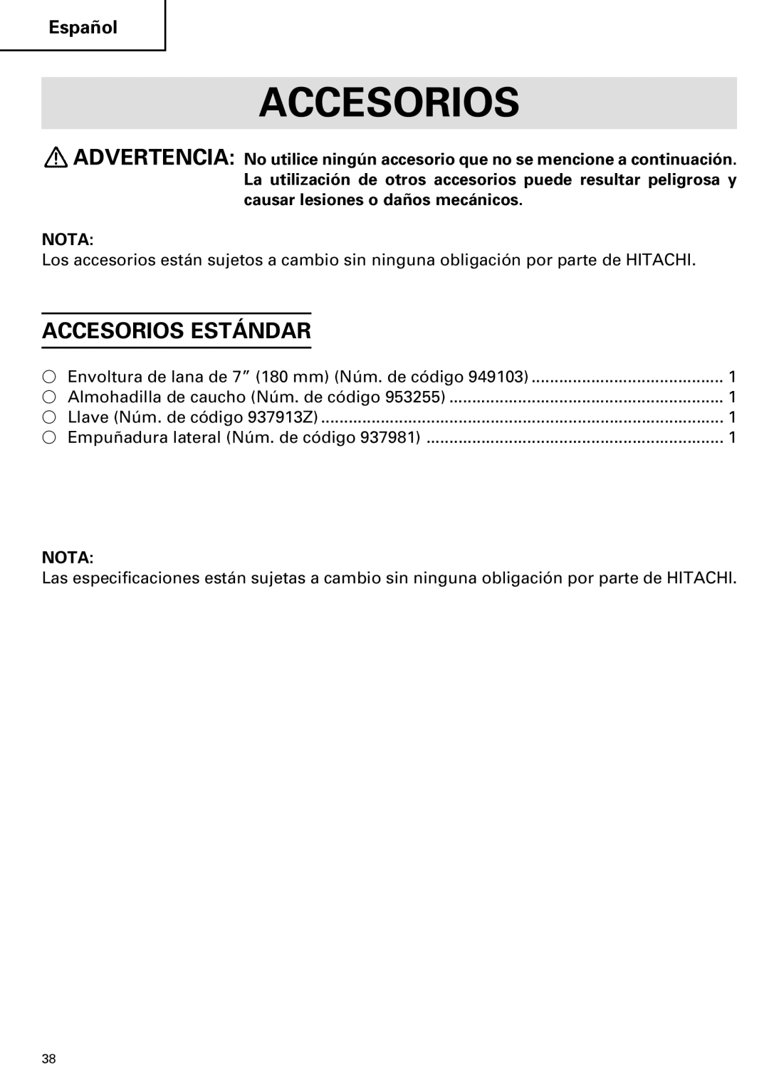 Hitachi SP 18SA instruction manual Accesorios Estándar 