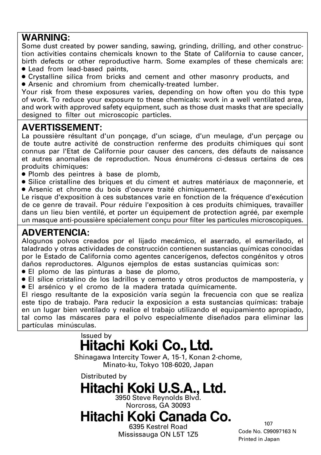 Hitachi SP 18SA instruction manual Hitachi Koki Canada Co 