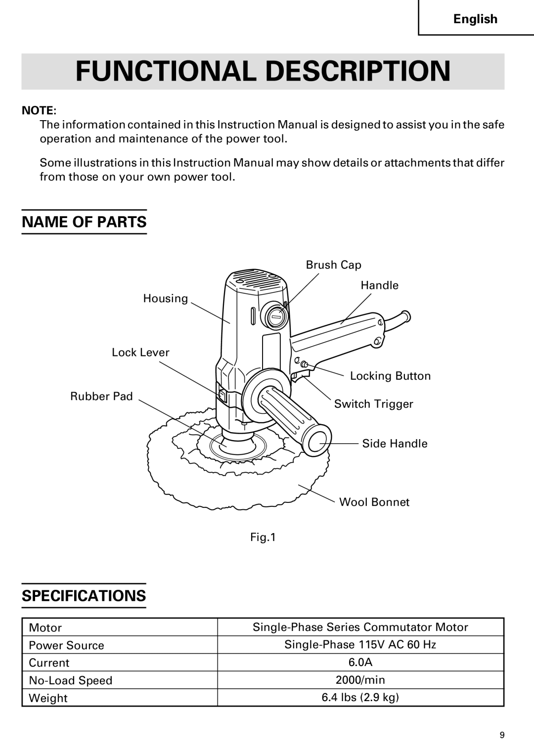 Hitachi SP 18SA instruction manual Functional Description, Name of Parts, Specifications 