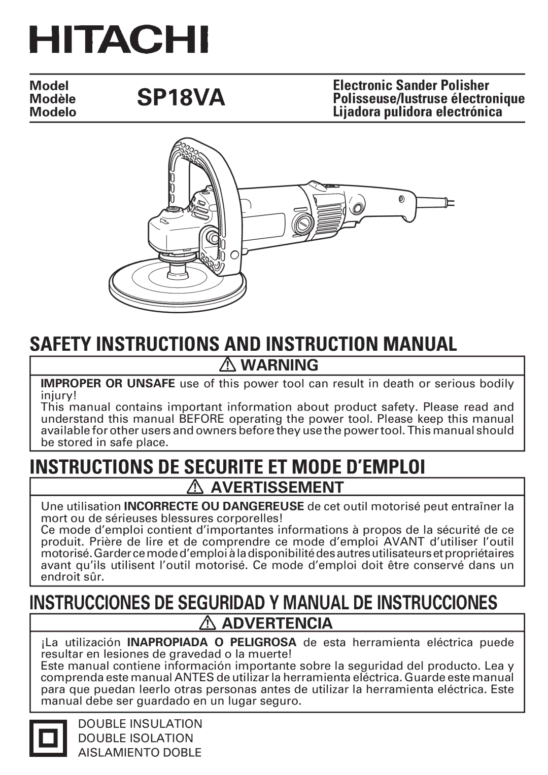 Hitachi SP18VA instruction manual Avertissement, Advertencia, Polisseuse/lustruse électronique 