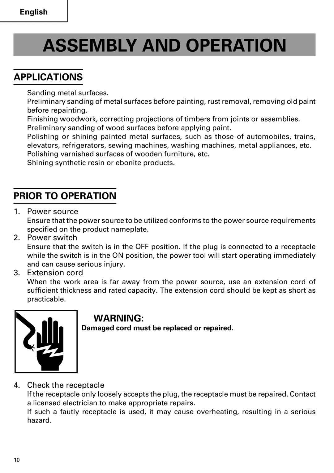 Hitachi SP18VA instruction manual Assembly and Operation, Applications, Prior to Operation 