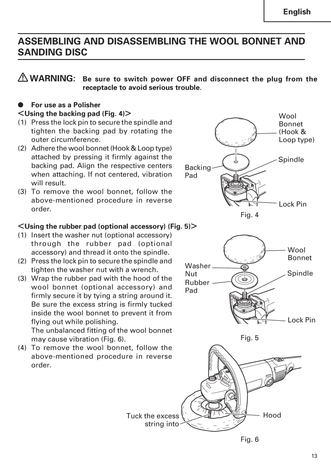 Hitachi SP18VA For use as a Polisher Using the backing pad Fig, Using the rubber pad optional accessory Fig 