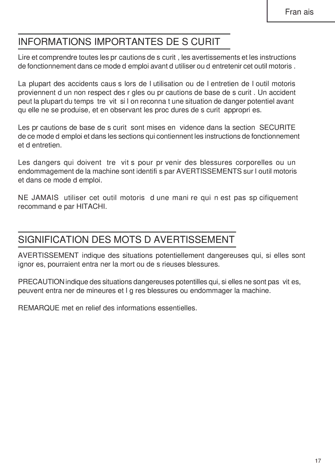 Hitachi SP18VA instruction manual Informations Importantes DE Sécurité, Signification DES Mots D’AVERTISSEMENT 