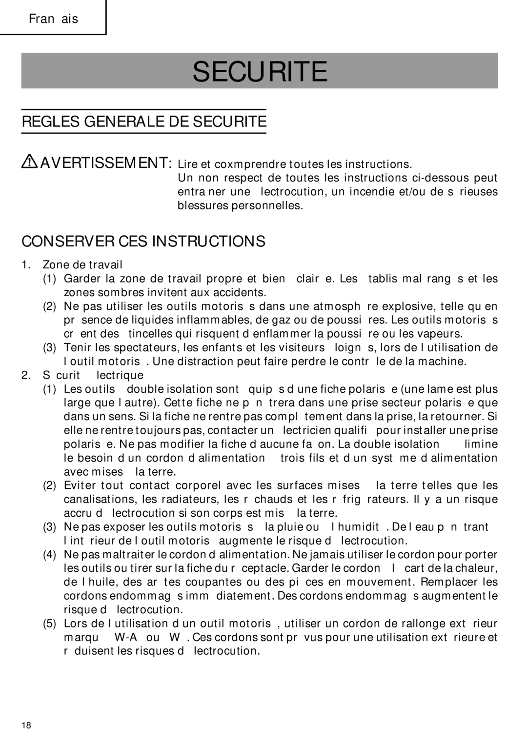 Hitachi SP18VA instruction manual Regles Generale DE Securite, Conserver CES Instructions 