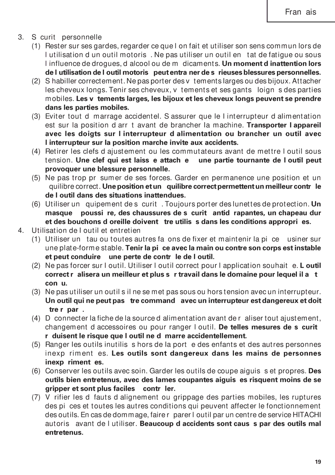 Hitachi SP18VA instruction manual Sécurité personnelle 