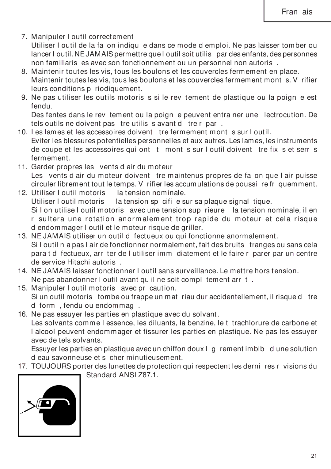 Hitachi SP18VA instruction manual Manipuler l’outil correctement, Garder propres les évents d’air du moteur 