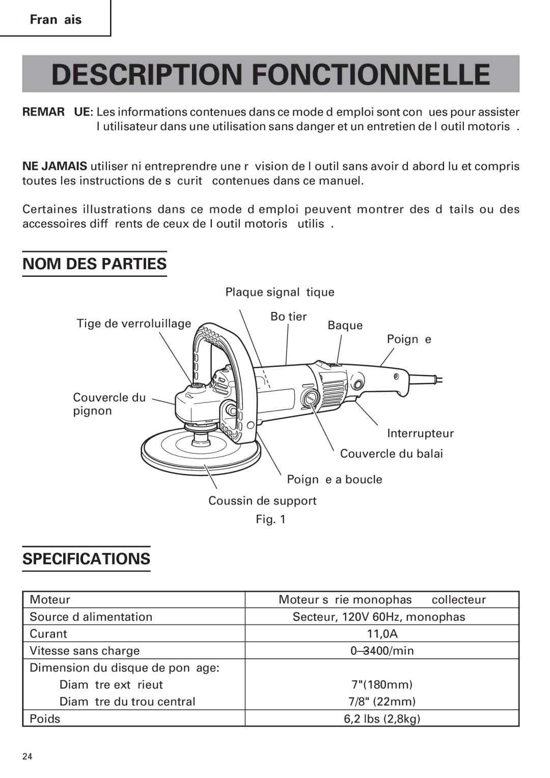 Hitachi SP18VA instruction manual Description Fonctionnelle, NOM DES Parties, Specifications 