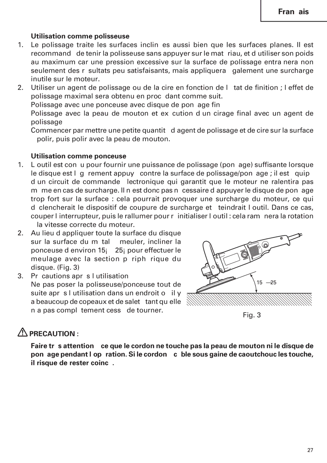 Hitachi SP18VA instruction manual Utilisation comme polisseuse, Utilisation comme ponceuse 