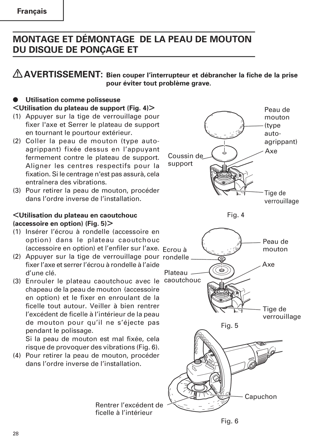 Hitachi SP18VA instruction manual Appuyer sur la tige de verrouillage pour 