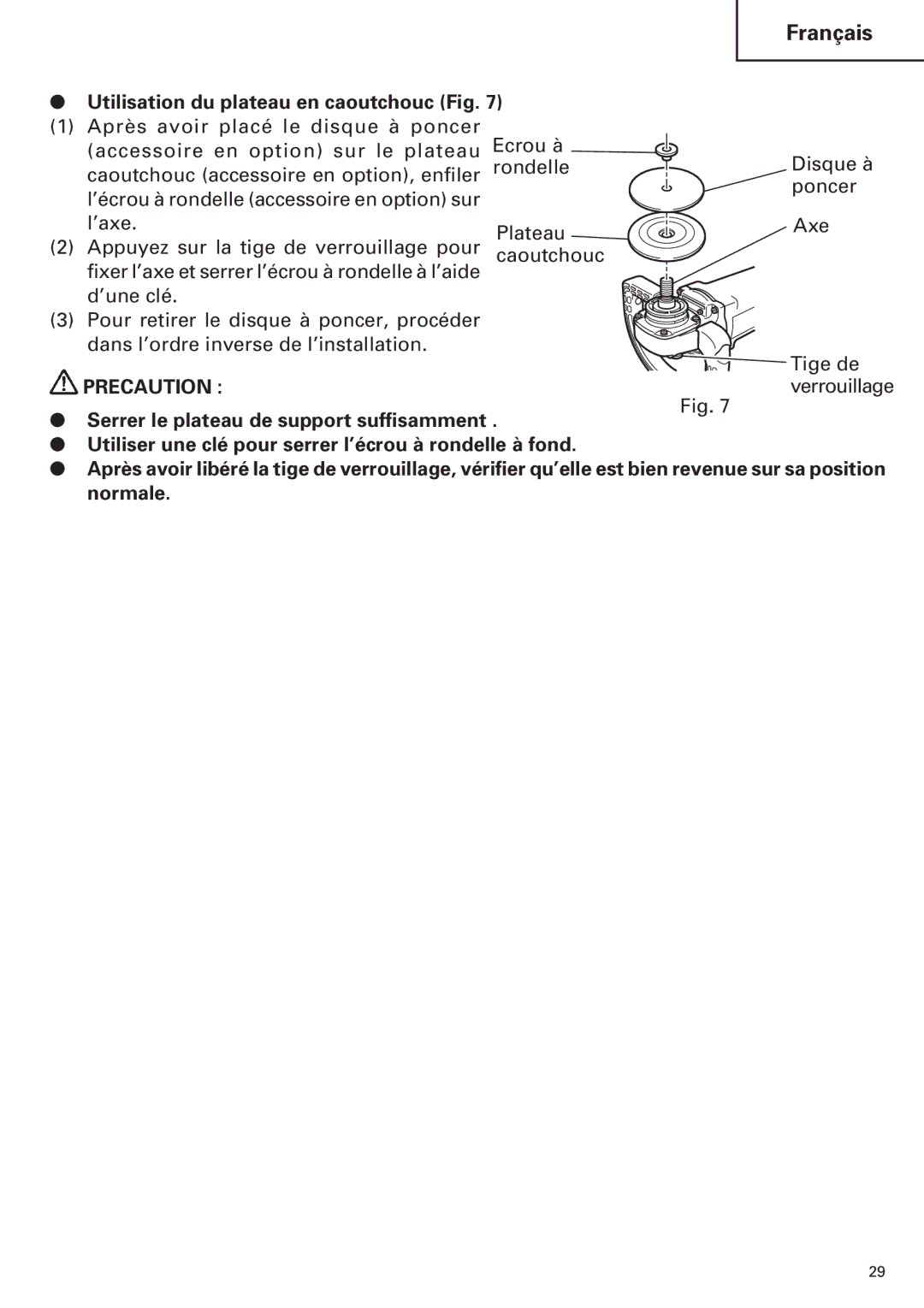 Hitachi SP18VA instruction manual Utilisation du plateau en caoutchouc Fig 