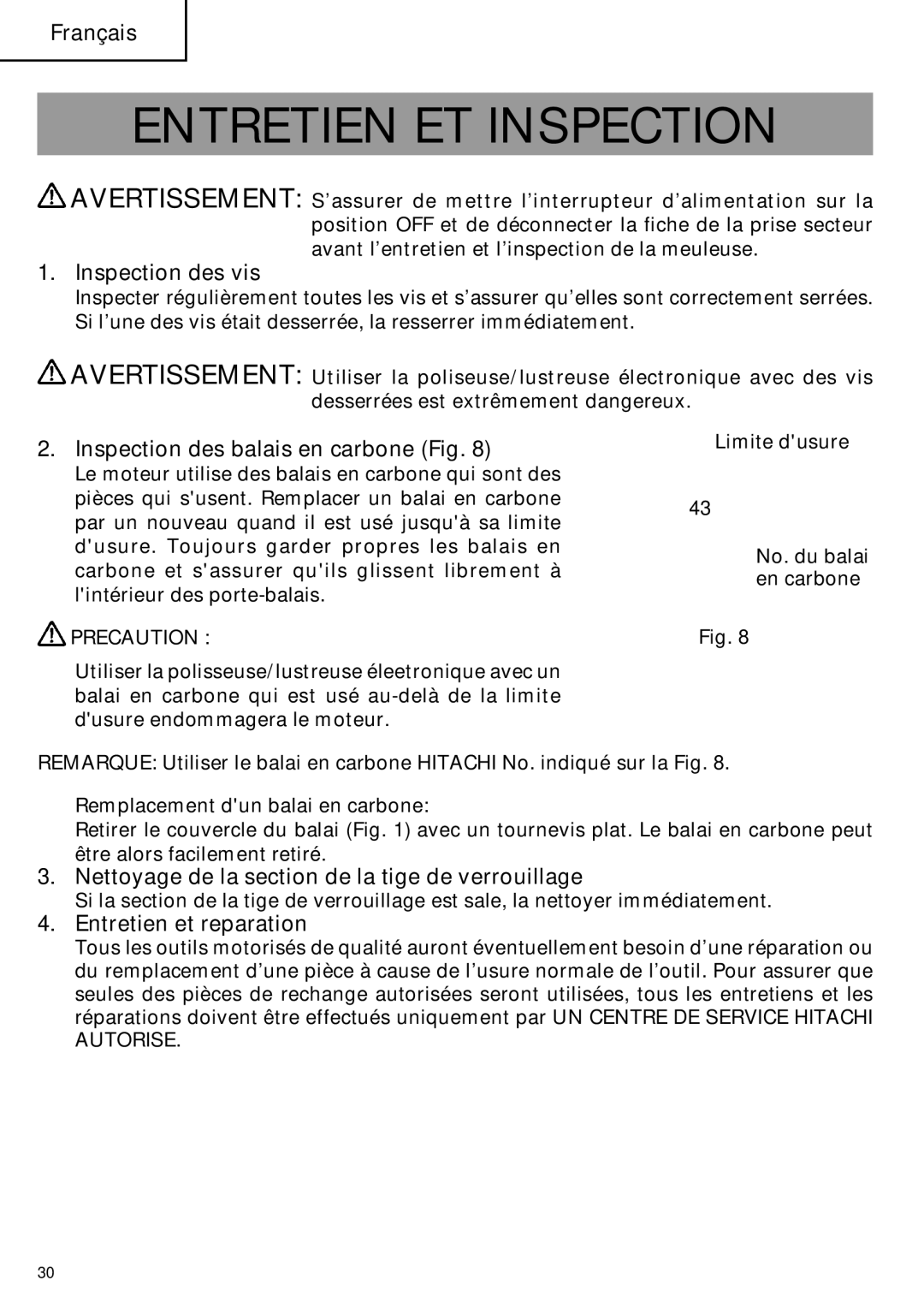 Hitachi SP18VA Entretien ET Inspection, Inspection des vis, Inspection des balais en carbone Fig, Entretien et reparation 