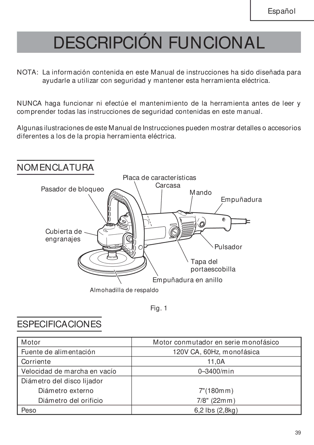 Hitachi SP18VA instruction manual Descripción Funcional, Nomenclatura, Especificaciones 