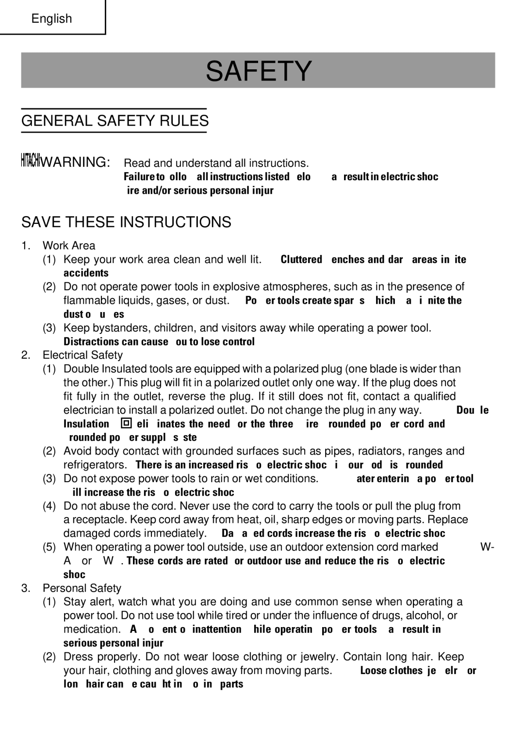 Hitachi SP18VA instruction manual General Safety Rules 