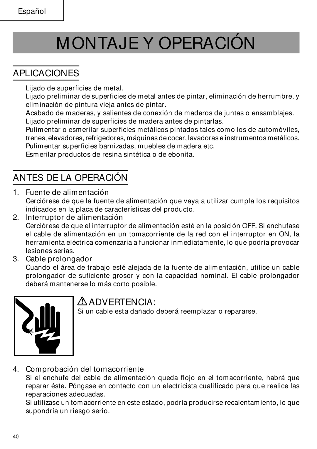 Hitachi SP18VA instruction manual Montaje Y Operación, Aplicaciones, Antes DE LA Operación 