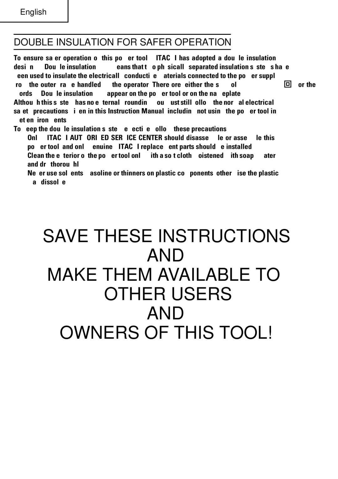 Hitachi SP18VA Make Them Available to Other Users Owners of this Tool, Double Insulation for Safer Operation 