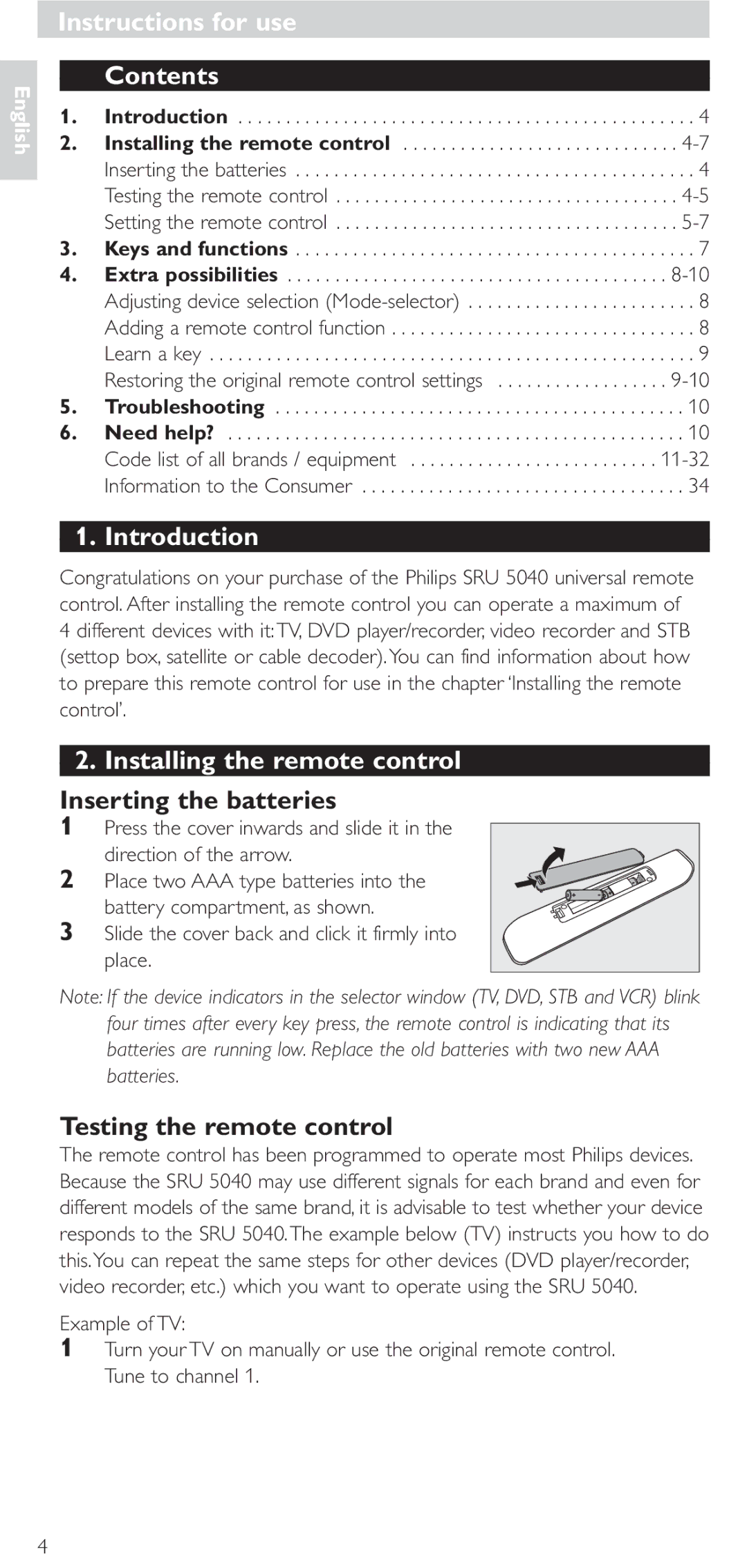 Hitachi SRU 5040/05 manual Instructions for use Contents, Introduction, Installing the remote control 