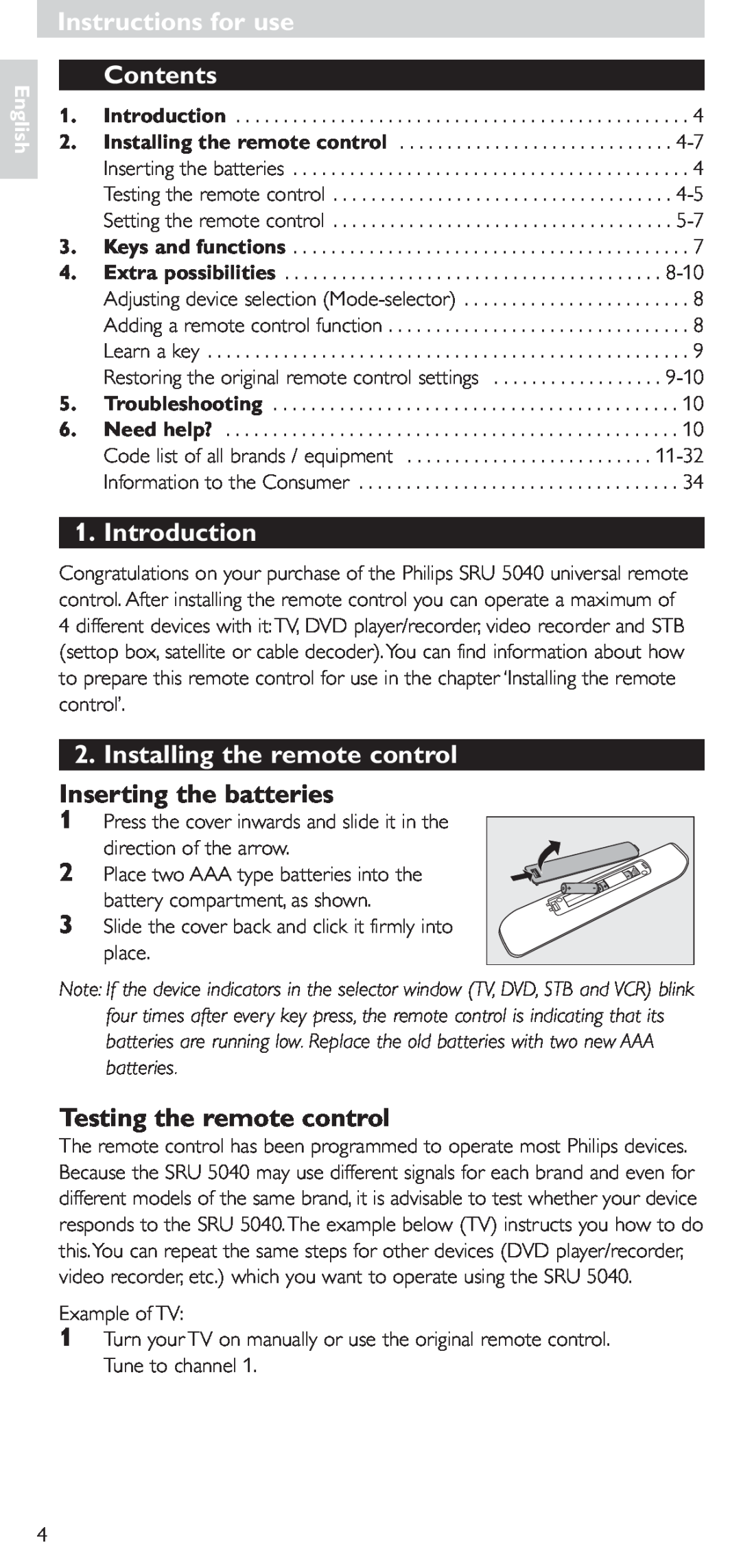 Hitachi SRU 5040/05 Instructions for use, Contents, Introduction, Installing the remote control, Inserting the batteries 