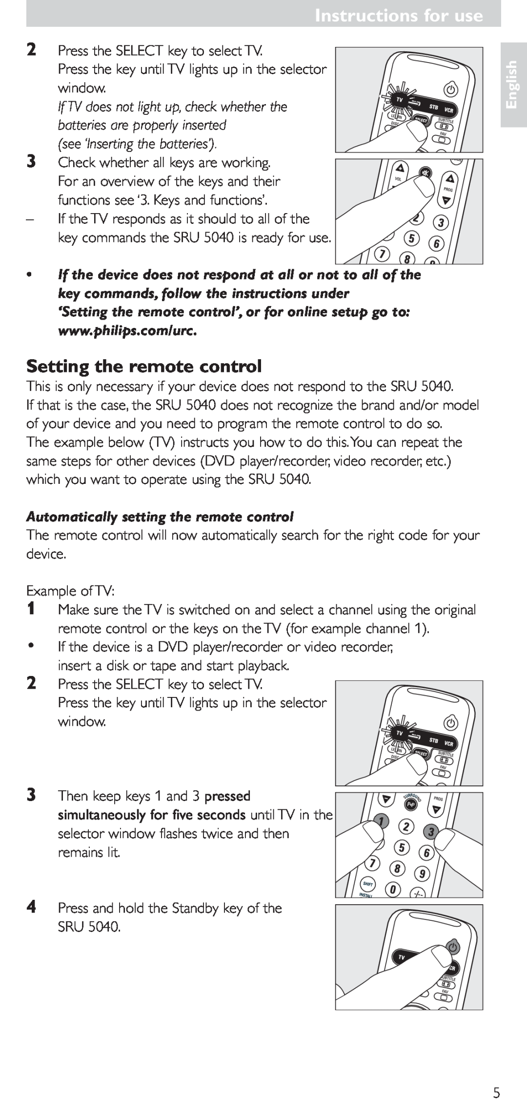 Hitachi SRU 5040/05 Setting the remote control, see ‘Inserting the batteries’, Automatically setting the remote control 