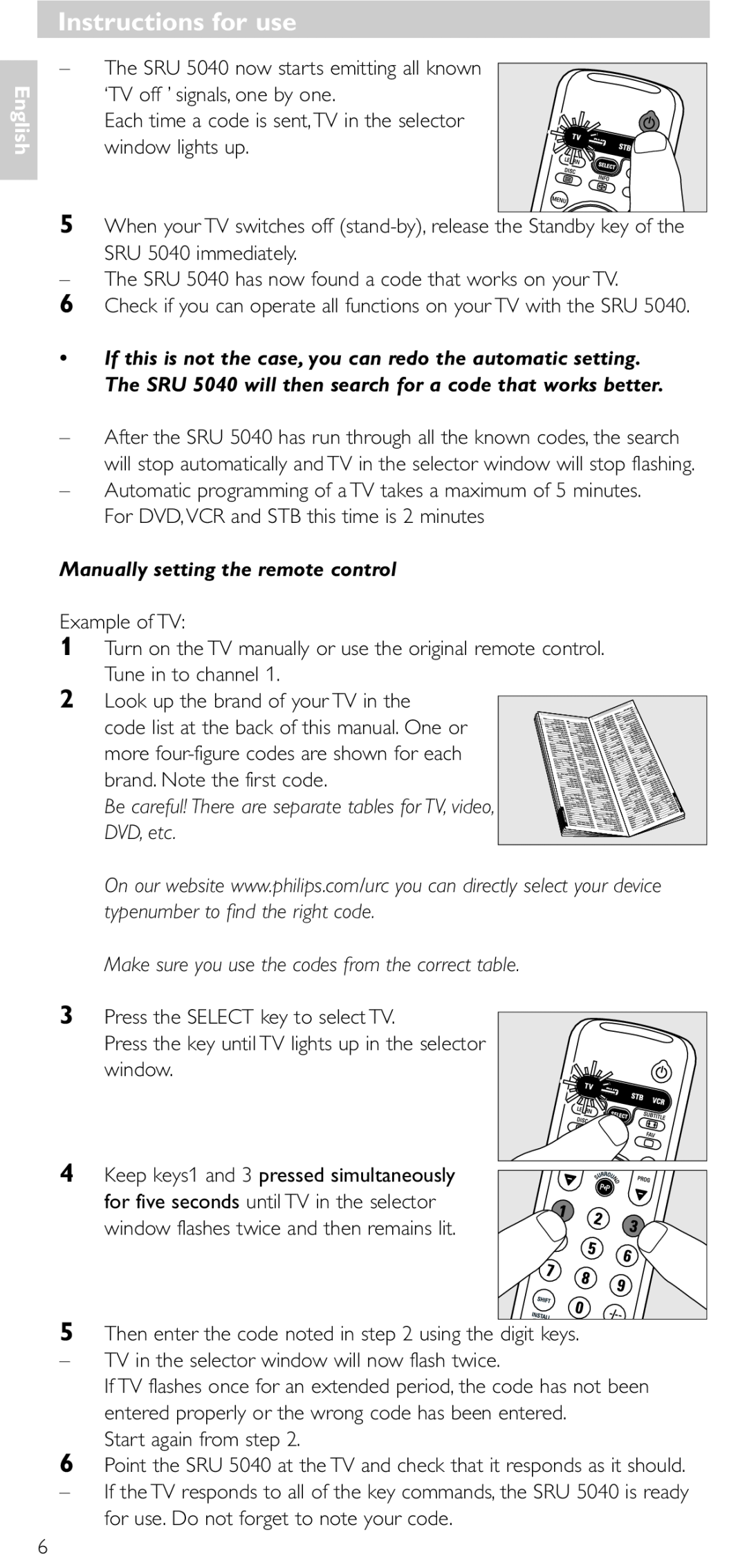Hitachi SRU 5040/05 manual Manually setting the remote control, Make sure you use the codes from the correct table, English 