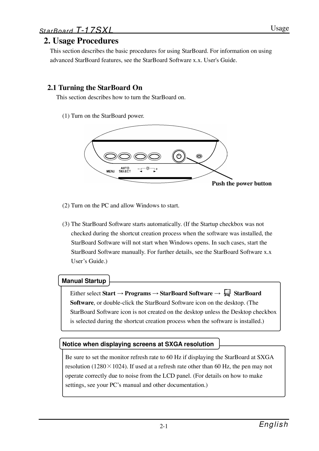 Hitachi starboard manual Usage Procedures, Turning the StarBoard On, Push the power button 