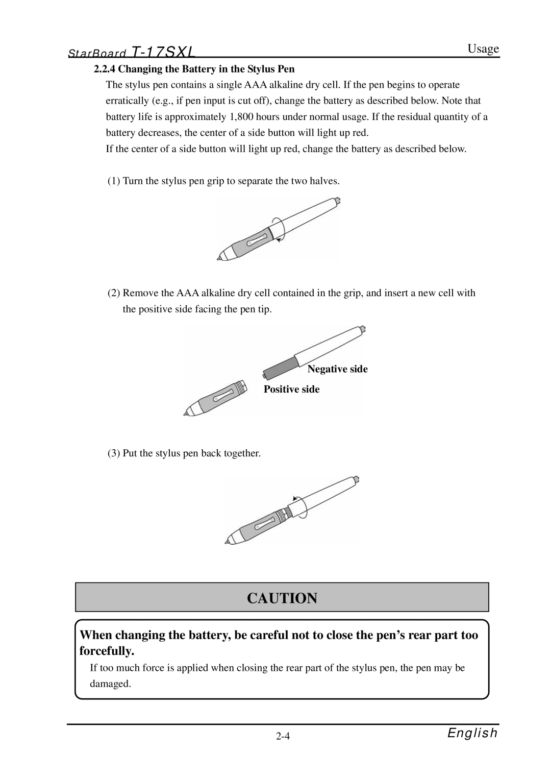 Hitachi starboard manual Changing the Battery in the Stylus Pen, Negative side Positive side 