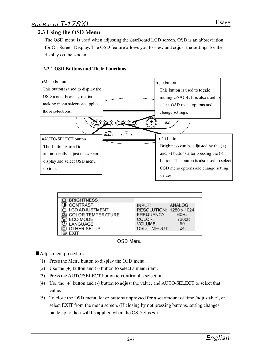 Hitachi starboard manual Using the OSD Menu, OSD Buttons and Their Functions 